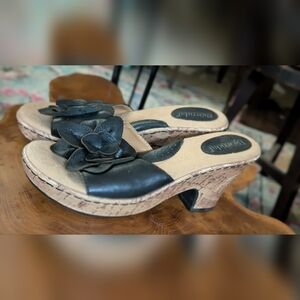 Bjorndal Black Leia Leather Wedges with Floral Detail Sandals